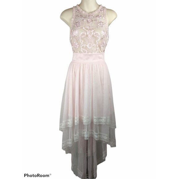 bebe Dresses & Skirts - Bebe pale pink embroidered maxi Dress 4 high low hi low princess lace NWT